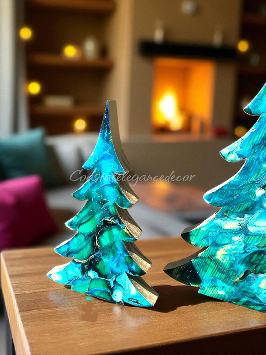 Handmade Teal and Gold Christmas Trees with Branches Holiday Shelf Sitter 3 Sizes