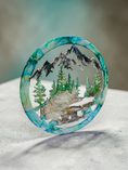 Load image into Gallery viewer, Side view Fir trees, bear and river original blue and green resin wall decor