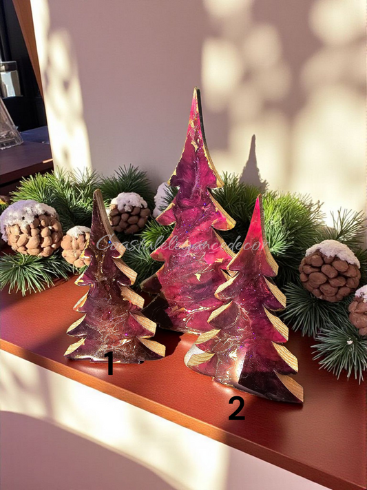 Handmade Cranberry Burgundy and Gold Wood Christmas Trees Holiday Shelf Sitter