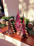 Load image into Gallery viewer, Set of Handmade Cranberry Burgundy and Gold Wood Christmas Trees Holiday Shelf Sitters arranged together, ideal for mantelpiece decorations this holiday season.