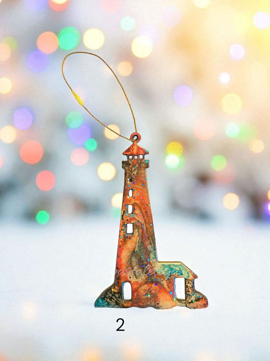 Coastal Lighthouse Resin and Wood Handmade Holiday Tree Ornaments
