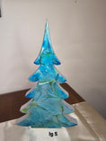 Load image into Gallery viewer, Delightful handmade blue green and silver resin Christmas trees, showcasing three sizes XL, LG, and Medium, ideal for enhancing your holiday mantelpiece.