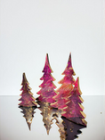 Load image into Gallery viewer, Close-up view of the Handmade Cranberry Burgundy and Gold Wood Christmas Trees Holiday Shelf Sitter, highlighting unique patterns and glittery details.