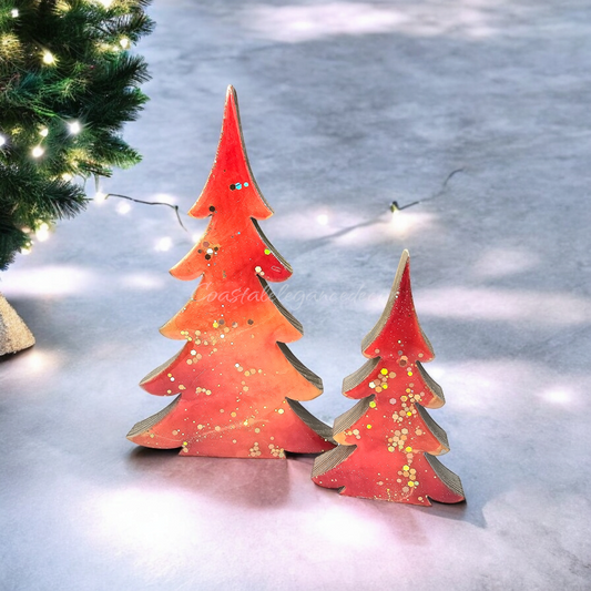 Orange Gold Sunset Chunky Wood Christmas Trees With Branches - Handmade Holiday Decor, 8" & 5"