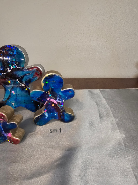 Handmade Chunky Wood Gingerbread Men Decorations with Resin Accents in Blue and Pink - 3 Sizes