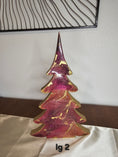 Load image into Gallery viewer, Collection of Handmade Cranberry Burgundy and Gold Wood Christmas Trees Holiday Shelf Sitters in various sizes, perfect for festive holiday décor.