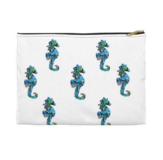 Blue Seahorses Art Accessory Bag - Durable Cosmetic & Travel Organizer featuring original multi-colored blue seahorse design on a white background, ideal for cosmetics or travel essentials.