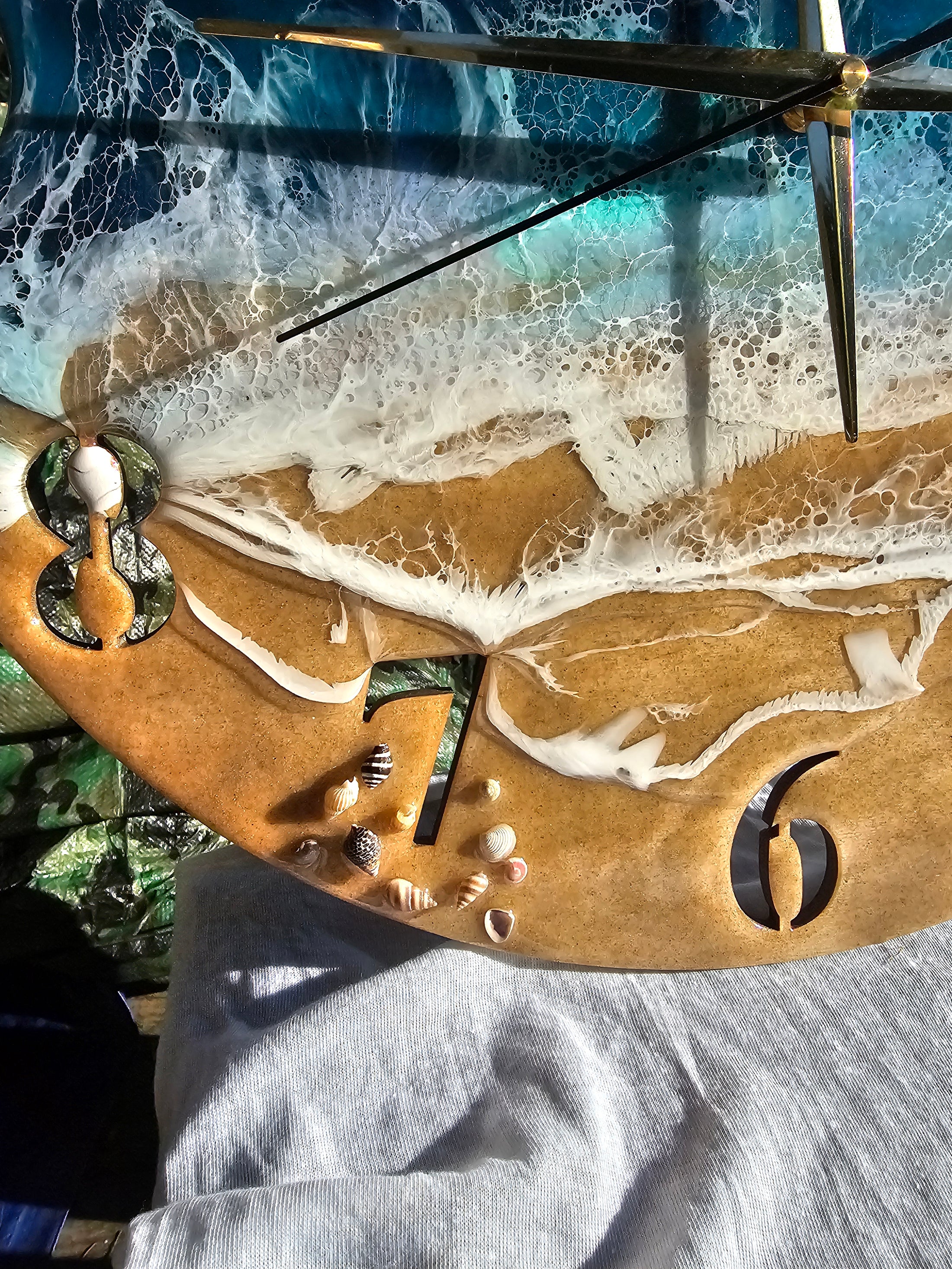 Handmade 19.5'' Beach Ocean Waves Wall Clock - Teal with Real Sand & Seashells
