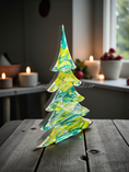 Load image into Gallery viewer, Bright Greens and Silver Shimmer Resin Mantelpiece Unique Christmas Tree 12 Inch, featuring chunky wood and glittering resin for a stunning Christmas display.