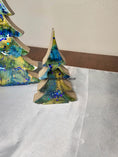 Charger l'image dans la visionneuse de la galerie, Handcrafted Blue Green Gold Christmas Trees Tabletop Decor - Chunky Wood & Resin Art - 8" & 5"