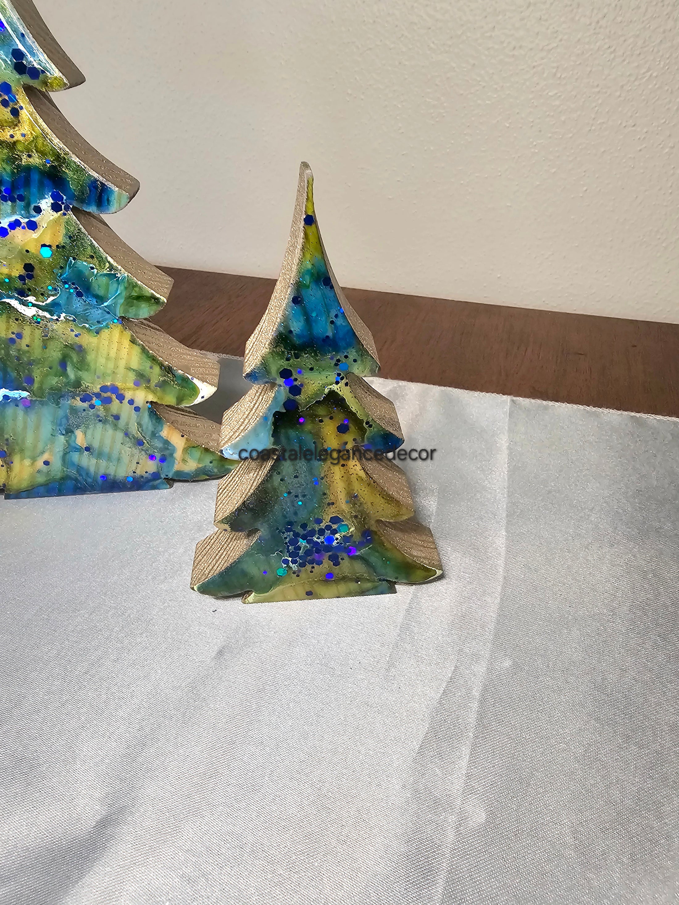 Handcrafted Blue Green Gold Christmas Trees Tabletop Decor - Chunky Wood & Resin Art - 8" & 5"