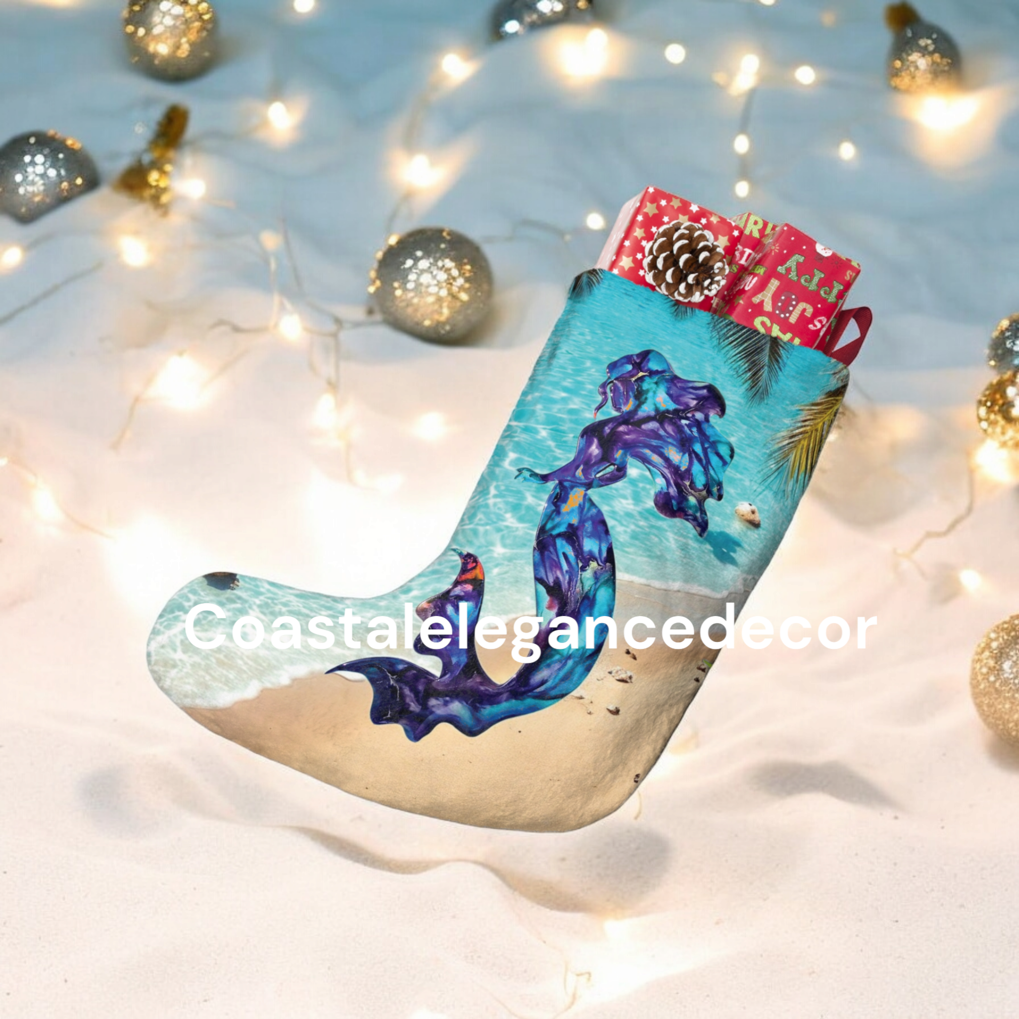 Personalized Large Christmas Stocking - Beach Mermaid Design for Coastal Holiday Decor