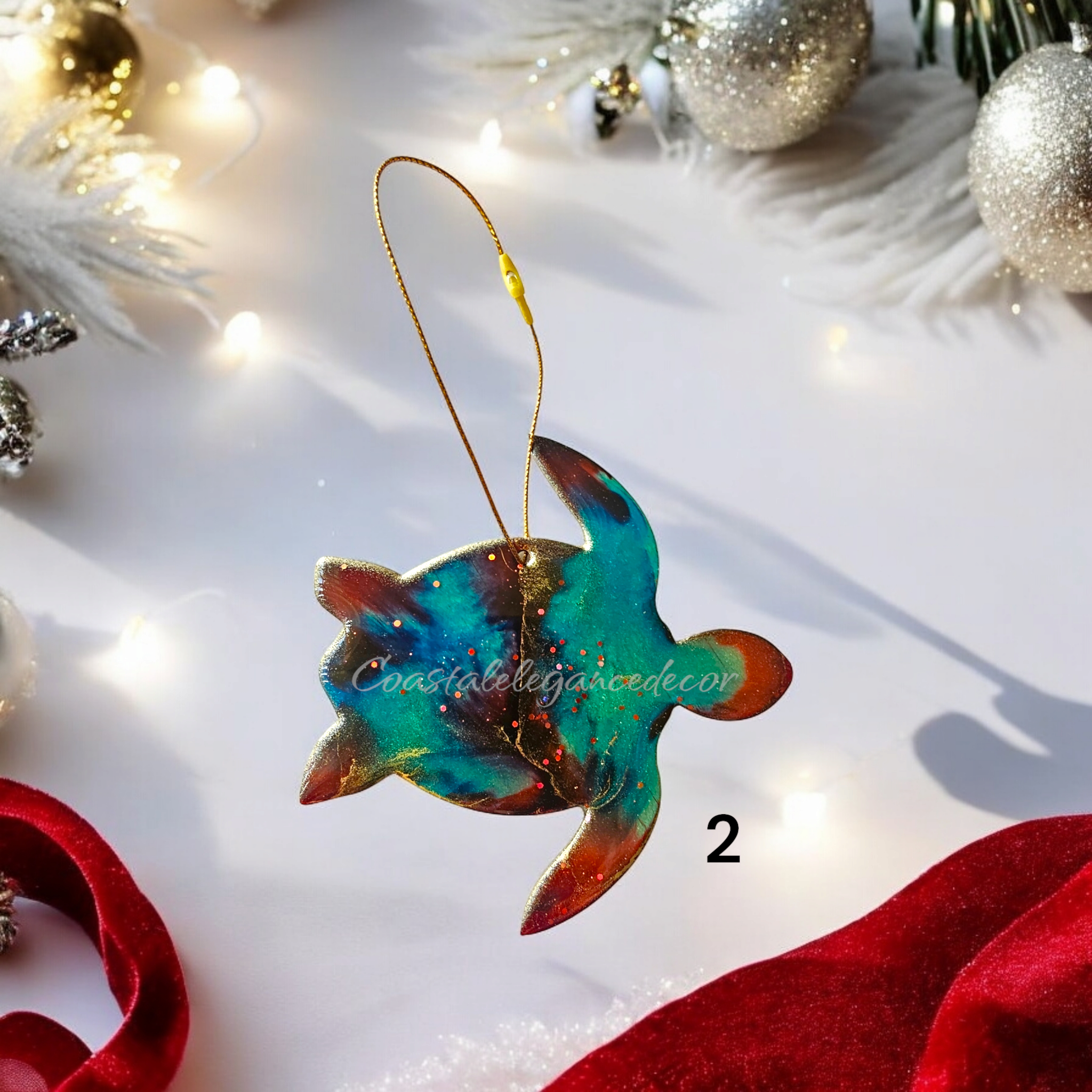 Vibrant handmade resin on wood sea turtle ornament showcasing sparkly details that enhance festive decorations.