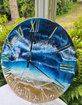 Load image into Gallery viewer, Handmade 19.5 Inch Blues Beach Ocean Waves Wall Clock with Roman Numerals & Real Seashells