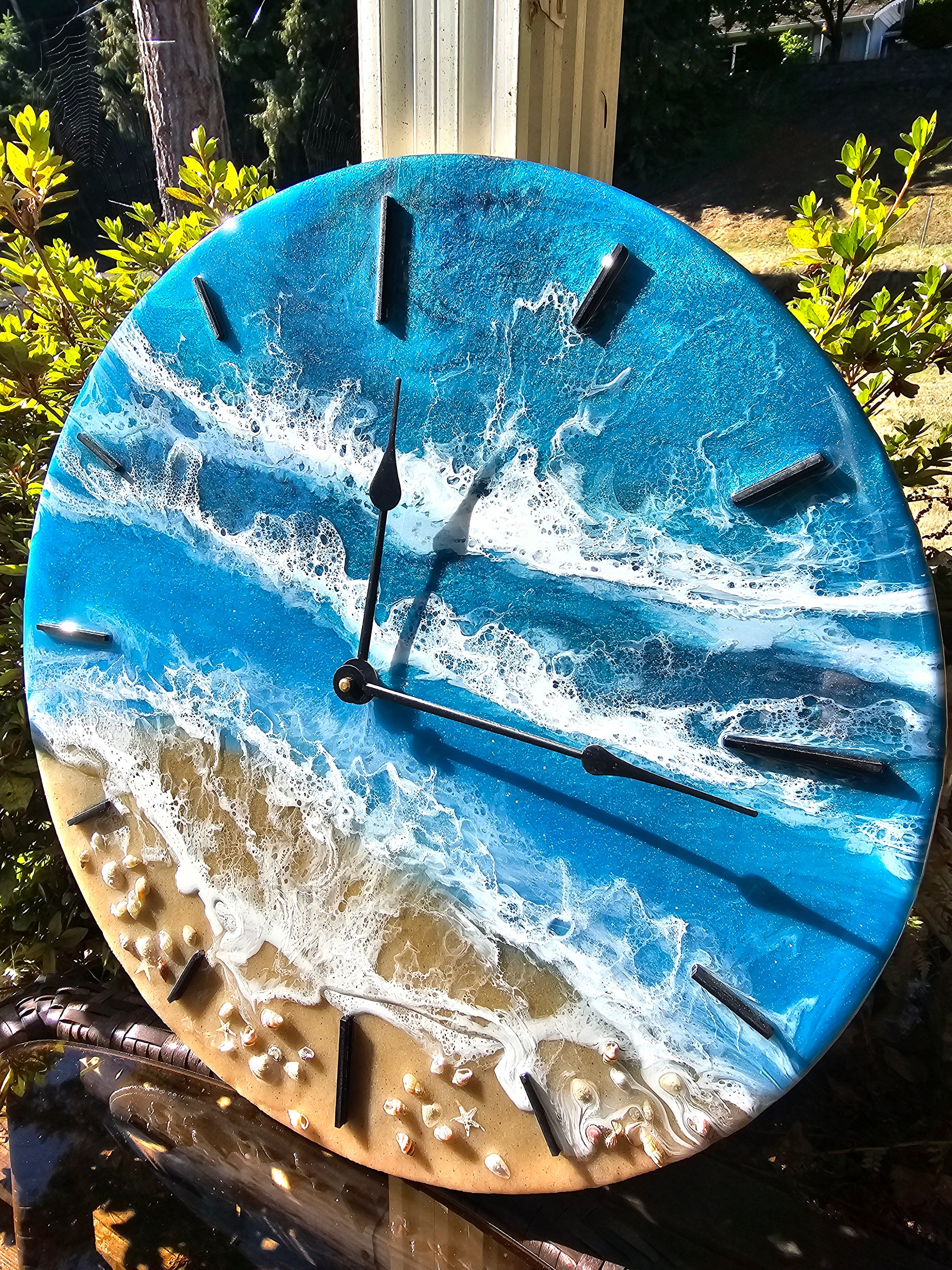 Ocean Blues 18 Inch Round Wall Clock With Real Beach Sand, Seashells, and Resin Waves