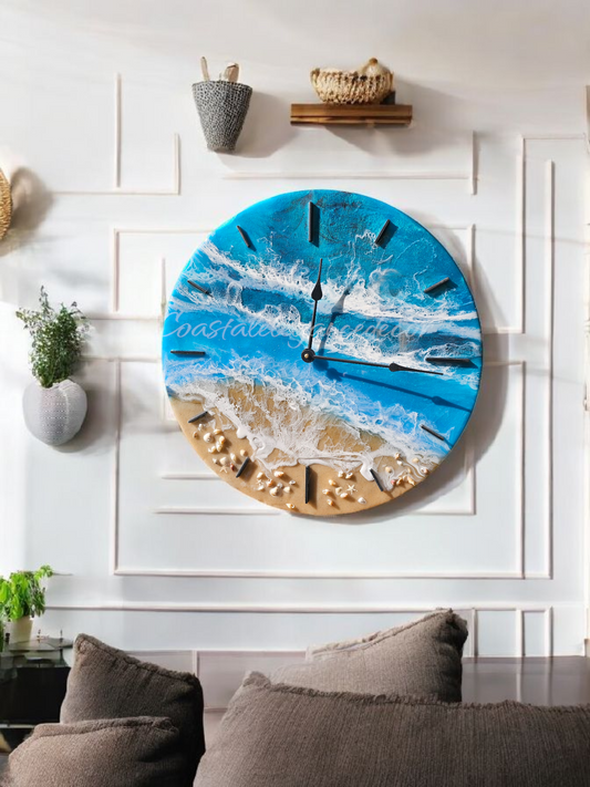 Ocean Blues 18 Inch Round Wall Clock With Real Beach Sand, Seashells, and Resin Waves