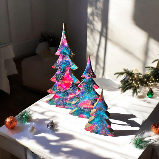 Handcrafted Contemporary Resin & Chunky Wood Christmas Trees Set - 3 Sizes with Gold Accents