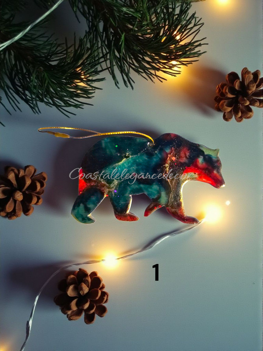 Handcrafted Grizzly Bear Christmas Ornaments - Rustic Wooden Wildlife Decor Alaska