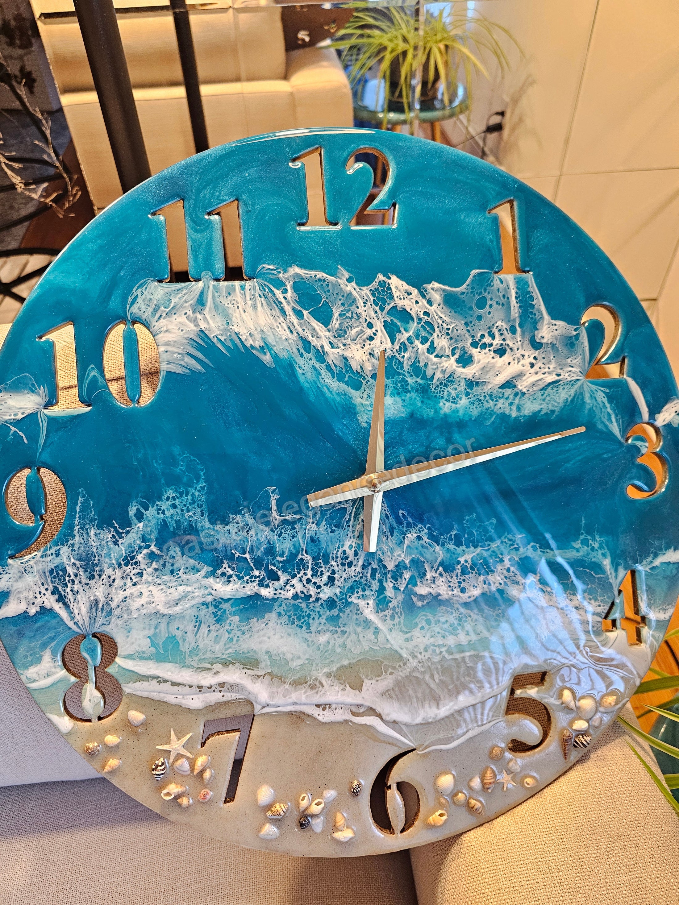 Large 19.5 Inch Standard Number Wall Clock -  Sandy Beach Design with Turquoise Ocean Waters