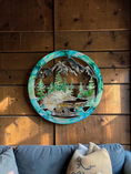 Load image into Gallery viewer, Front view Fir trees, bear and river original blue and green resin wall decor