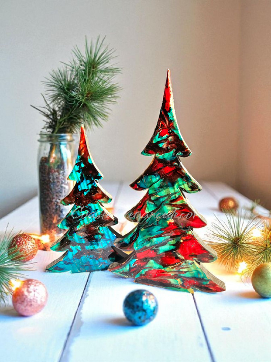 Handmade Turquoise Christmas Trees Shelf Sitter with Red Resin and Gold Accents Multiple Sizes