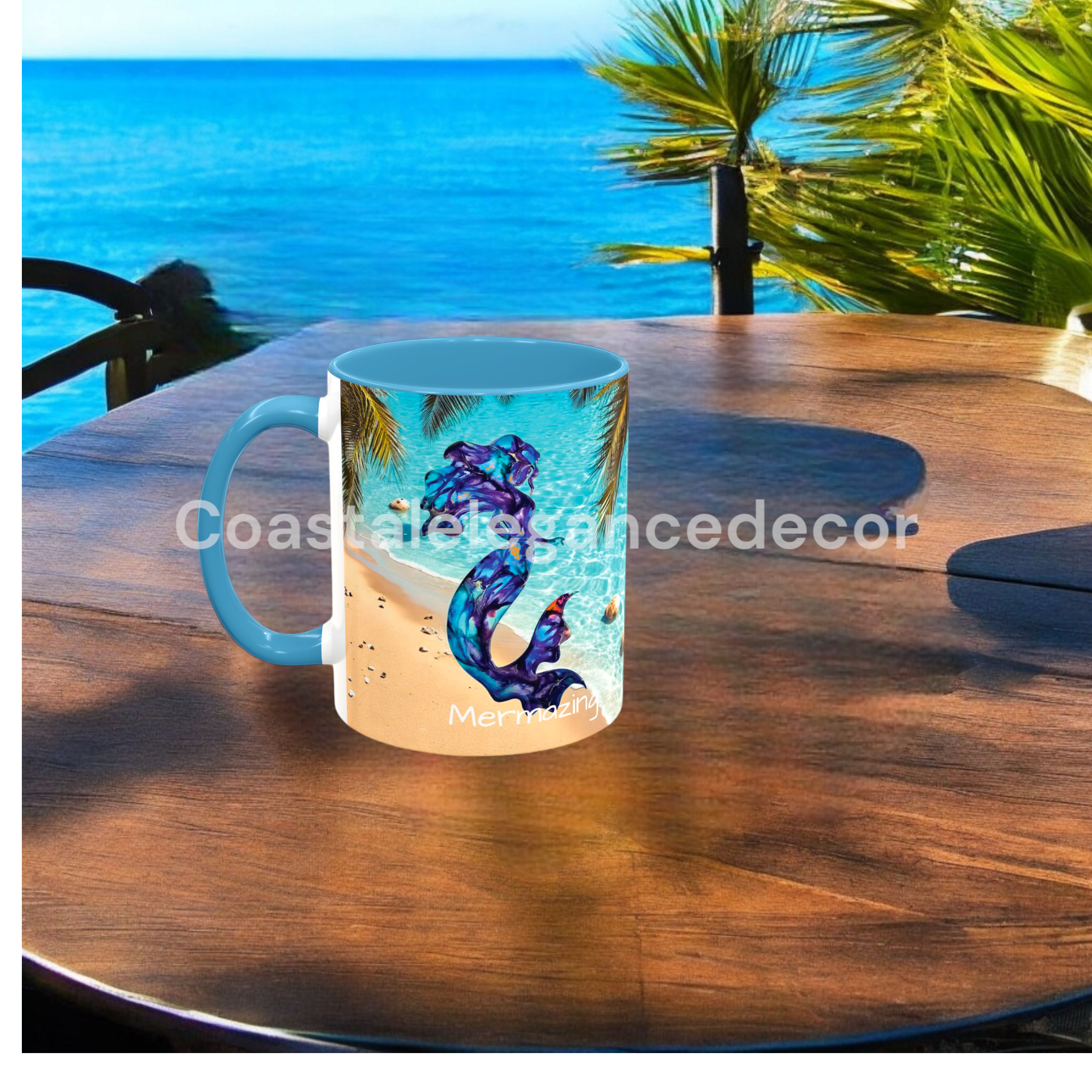 Personalized 11 Oz Mermaid Beach Coffee Mug - Customizable Ceramic Cup with Color Choices