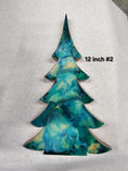 Load image into Gallery viewer, Handmade Teal and Gold Christmas Trees with Branches Holiday Shelf Sitter in 12 inch size, perfect for mantelpiece decorations with glitter accents.