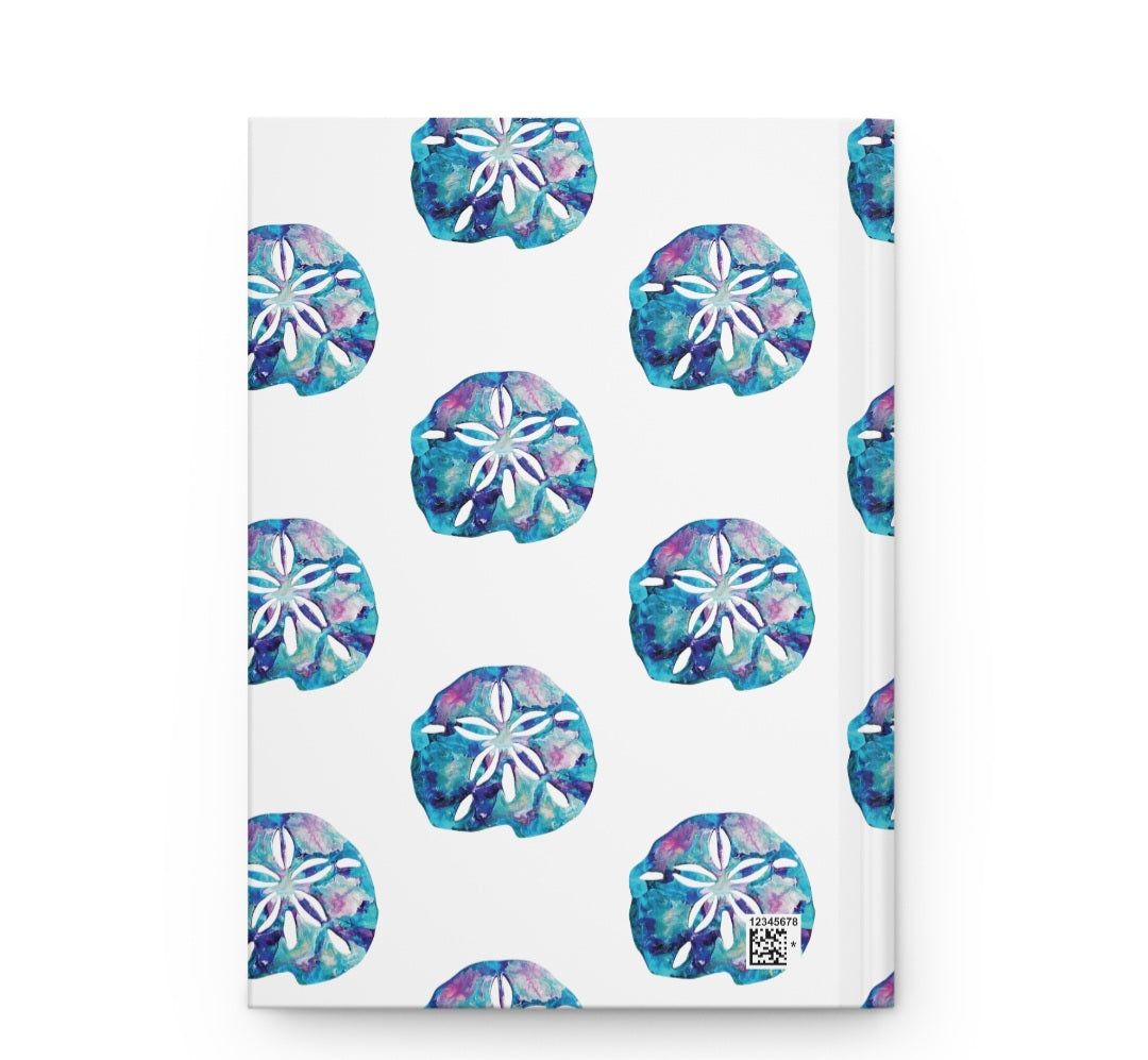 Back cover view of the Beautiful Beachy Sand Dollar All Over Print Hardcover Journal, highlighting the sand dollar print design.