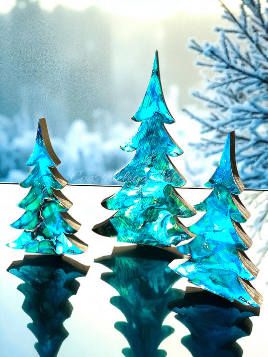 Handmade Teal and Gold Christmas Trees with Branches Holiday Shelf Sitter 3 Sizes