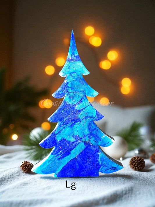Handmade Sapphire Blue Wood Christmas Trees Holiday Shelf Sitter