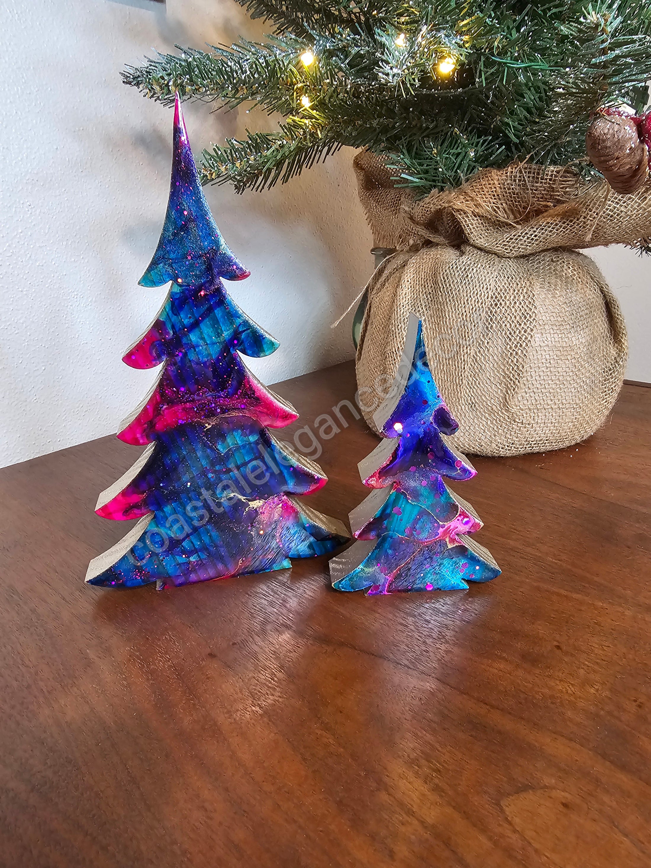 Handmade Pink Blue Resin Christmas Trees with Gold Accents - 8" & 5" Tabletop Holiday Decor