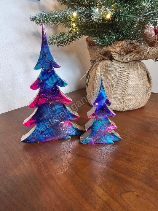 Handmade Pink Blue Resin Christmas Trees with Gold Accents - 8" & 5" Tabletop Holiday Decor