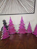 Load image into Gallery viewer, Hot Pink Silver Evergreen Christmas Trees Mantel Sitter Holiday Tabletop Decoration in a vibrant glam design.