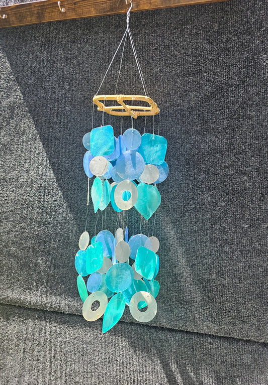 Two Tiered Classy Capiz Shell Wind Chimes Ice Blue 15 Inch