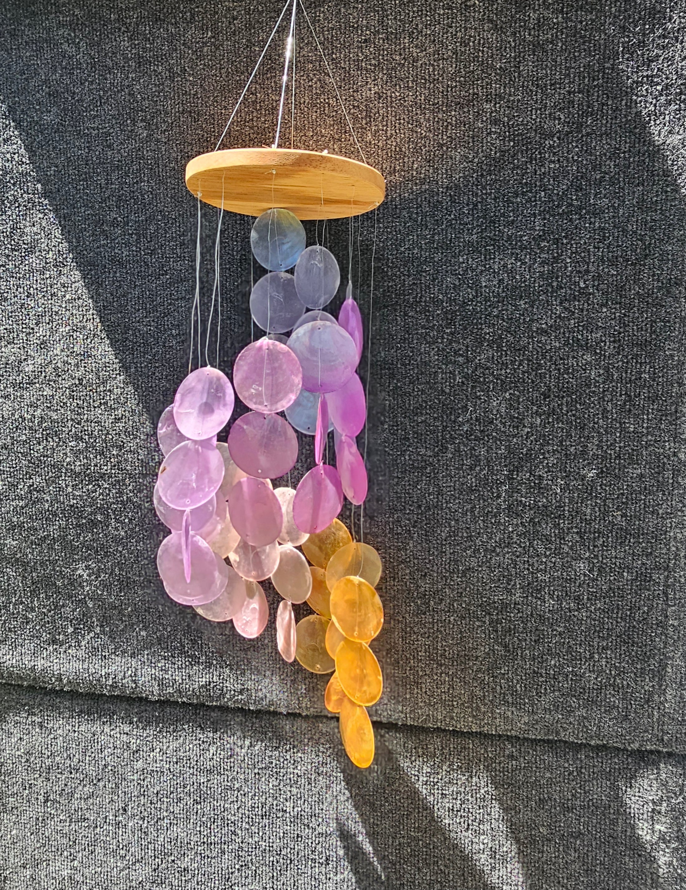 Spiral Capiz Shell Wind Chimes Purple Peach Sunset 15 Inches
