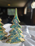 Charger l'image dans la visionneuse de la galerie, Handcrafted Blue-Green Tabletop Sparkly Christmas Trees 8 Inches showcasing contemporary design, made from quality wood and accented with gemtone green-blue resin and gold glitter, perfect for holiday decor.