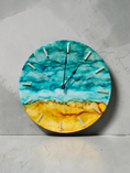 Charger l'image dans la visionneuse de la galerie, Handmade 18" Abstract Coastal Wall Clock – Teal & Caramel Alcohol Ink Art with White Pearl Acrylic Ticks & Silent Sweep