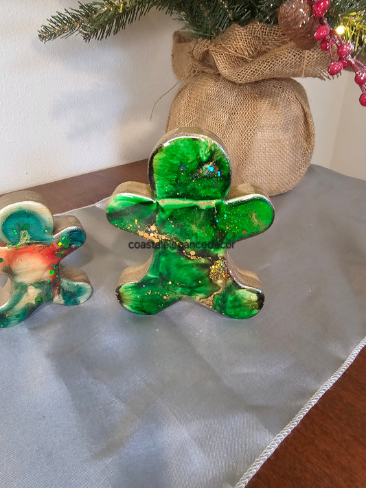 Handmade Chunky Wood Gingerbread Men Christmas Decorations with Green Resin - 3 Sizes Available