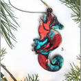 Charger l'image dans la visionneuse de la galerie, Blue and red handmade seahorse ornament with Christmas boughs and lights