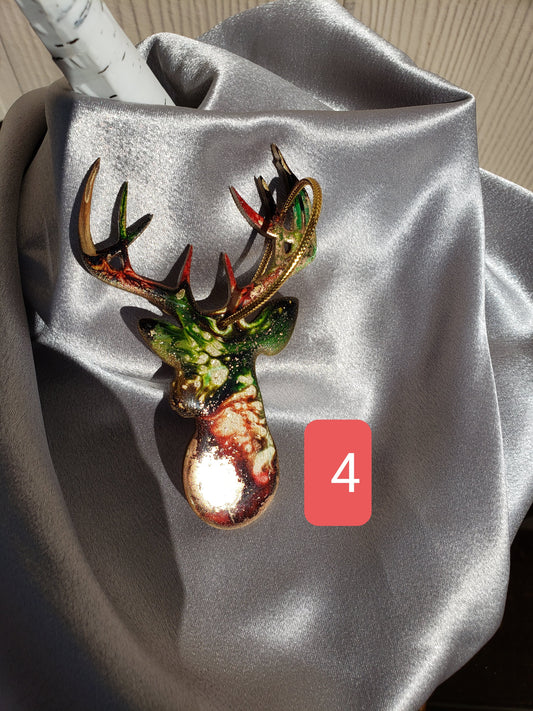 Handmade resin on wood large buck deer head ornament showcasing colorful fluid art, perfect for nature lovers and hunters.