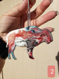 Charger l'image dans la visionneuse de la galerie, Close up of a buffalo bison ornament handmade resin on wood featuring vibrant colors and unique design, perfect for nature lovers.