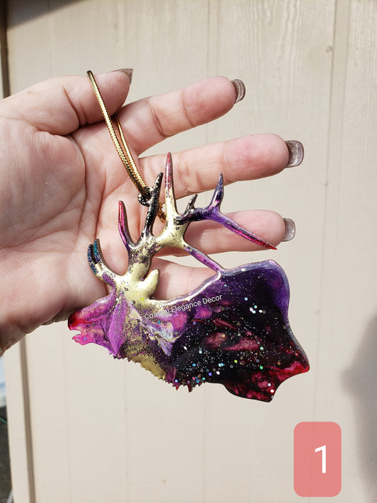 Handmade resin on wood ornament showcasing vibrant colors and an artistic bull elk, ideal as a gift for wildlife lovers.