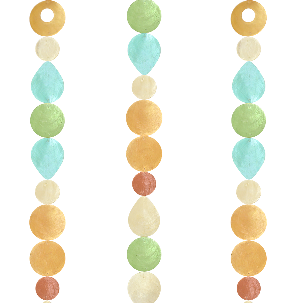 Capiz Shell Strands Patio Garden and Doorway Decoration featuring a vibrant mix of turquoise blue, green, apricot, and ivory hues, designed for enhancing outdoor spaces with a tropical flair.