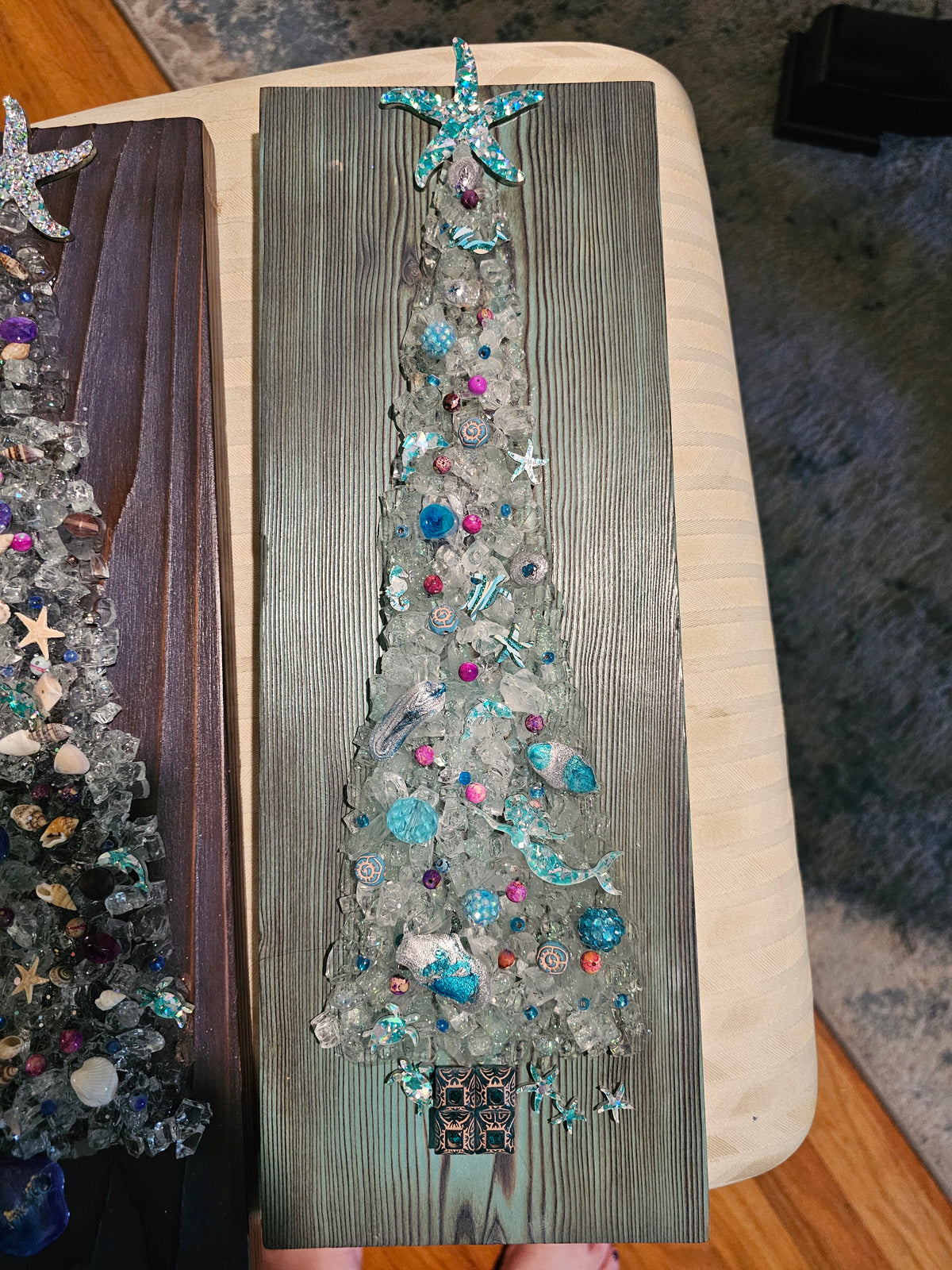 Coastal Crushed Glass Christmas Tree on Shou Sugi Ban Wood Turquoise