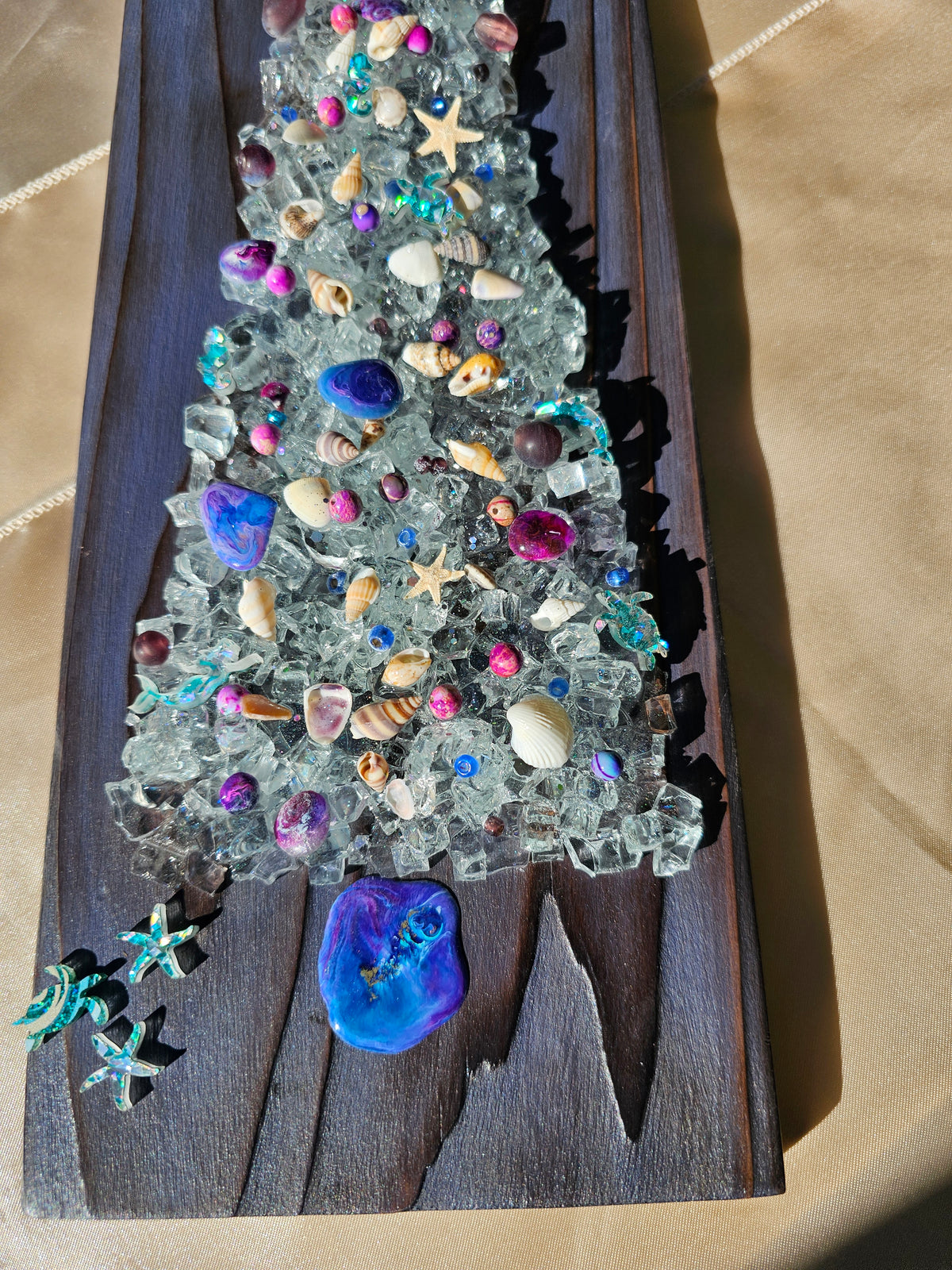 Coastal Crushed Glass Tree on Purple Shou Sugi Ban Wood (16" x 5.5")