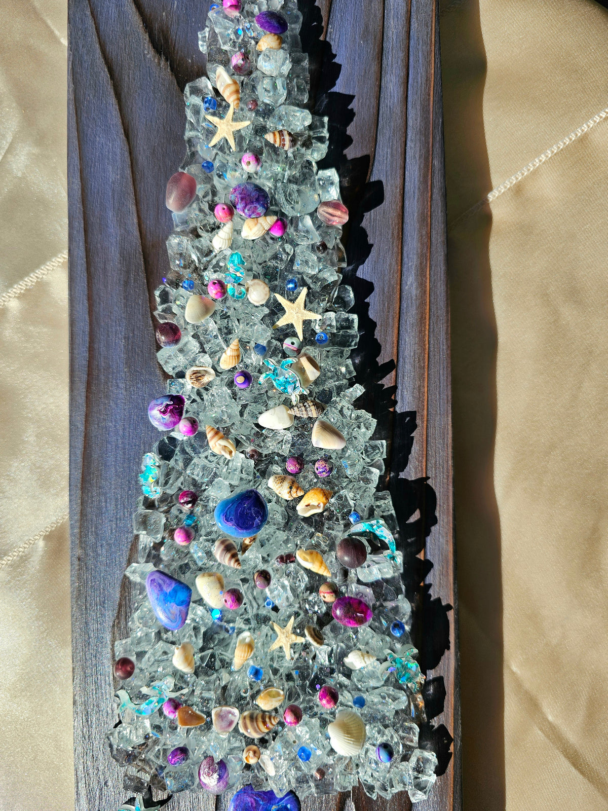 Coastal Crushed Glass Tree on Purple Shou Sugi Ban Wood (16" x 5.5")