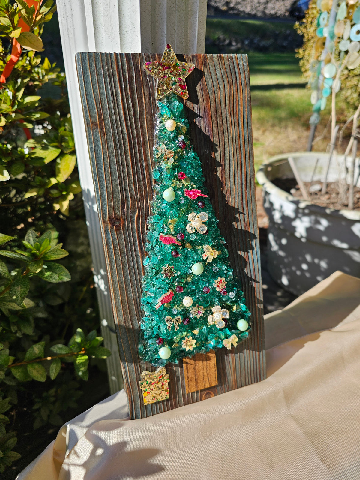 Holiday Crushed Glass Tree Wall Art | Greenish Blue Shou Sugi Ban Wood | Red Cardinal Glitter Star Resin Decor | 12x5.5
