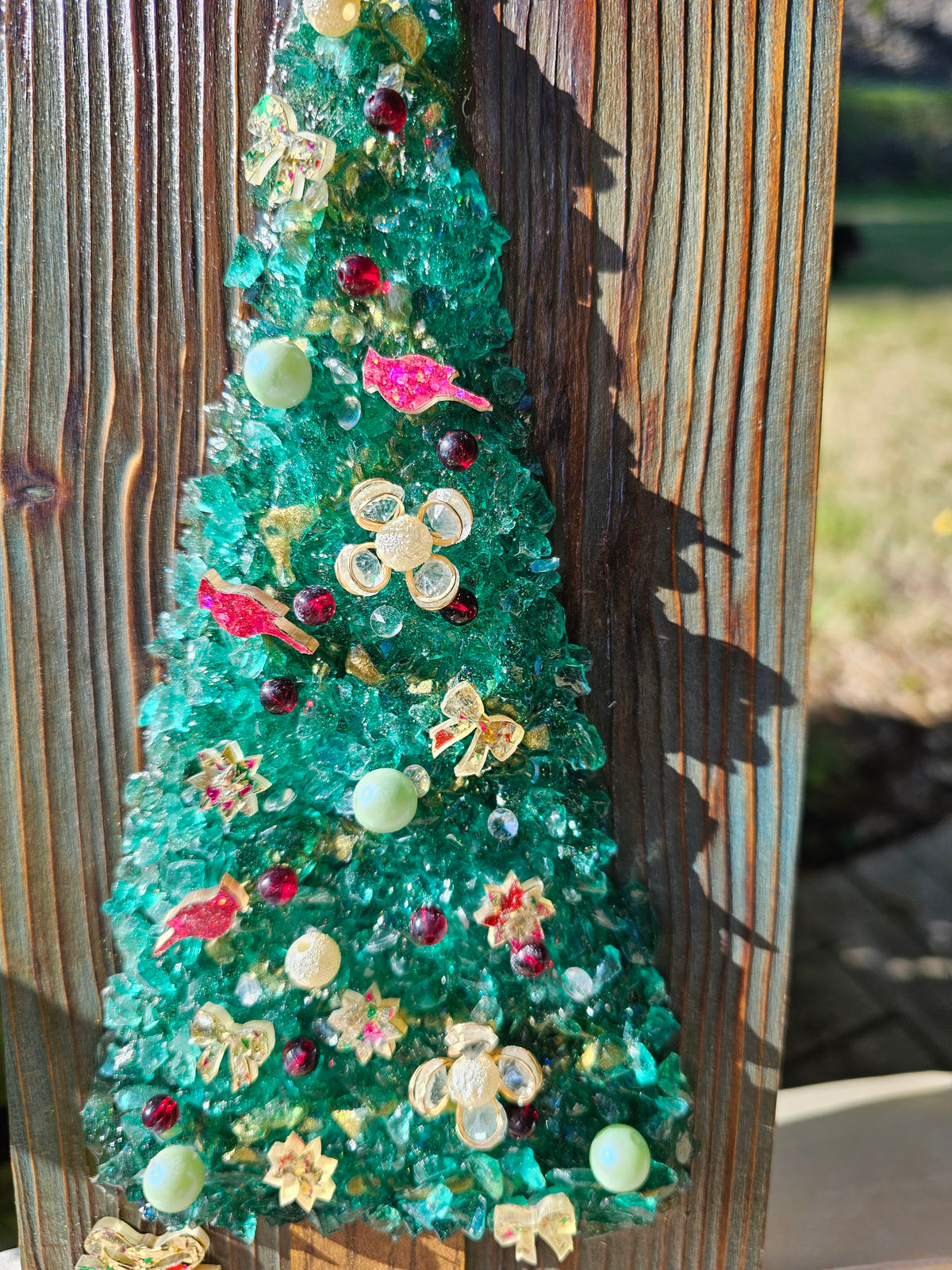 Holiday Crushed Glass Tree Wall Art | Greenish Blue Shou Sugi Ban Wood | Red Cardinal Glitter Star Resin Decor | 12x5.5