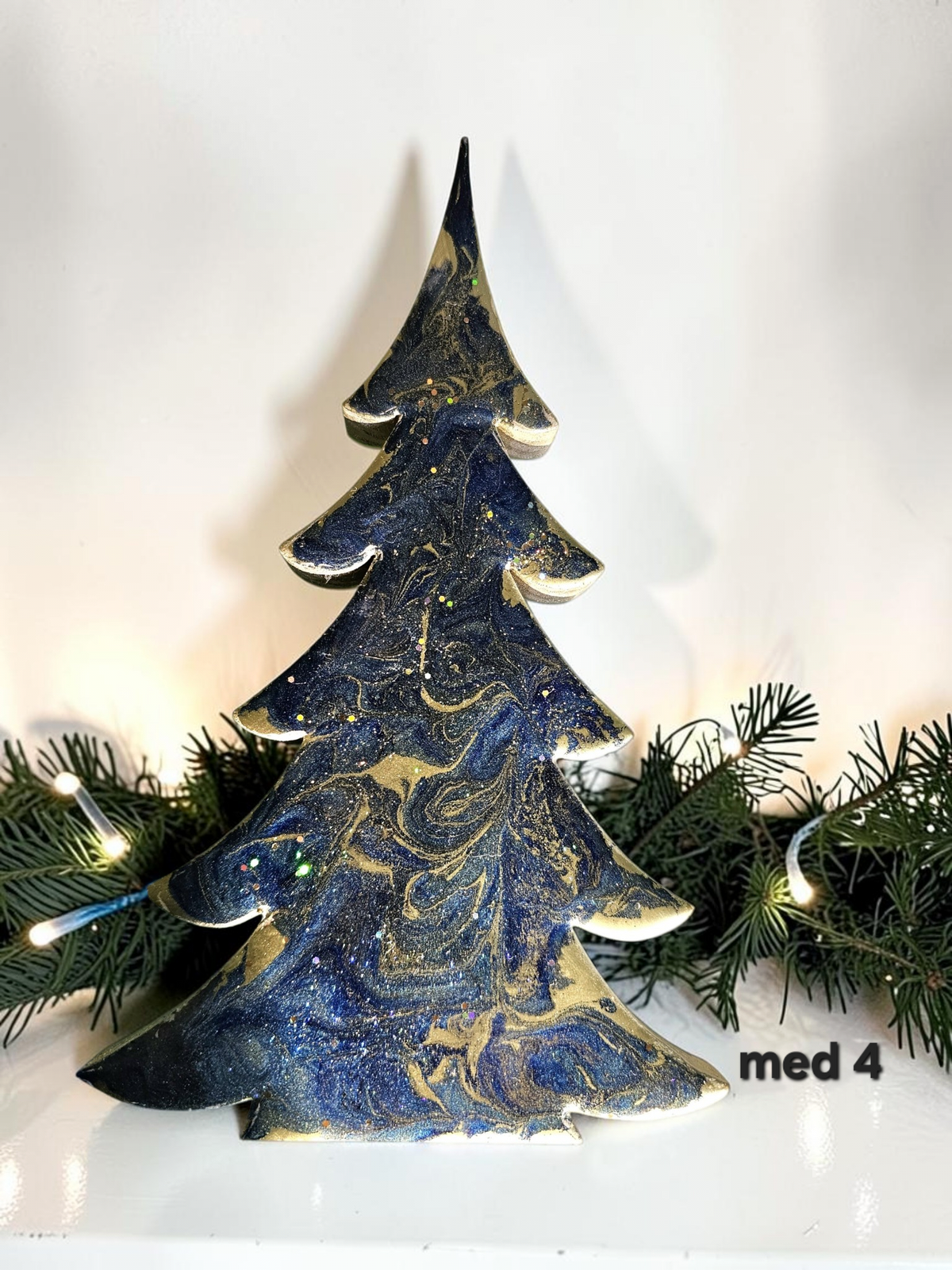 Rich Indigo Blue and Gold Handmade Resin and Wood Christmas Trees