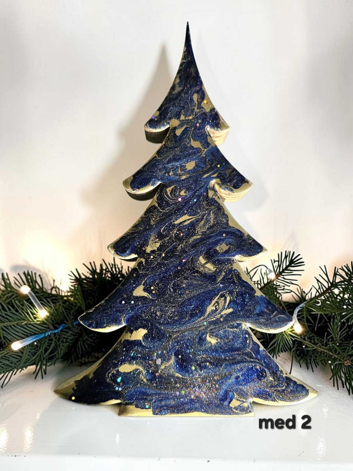 Rich Indigo Blue and Gold Handmade Resin and Wood Christmas Trees